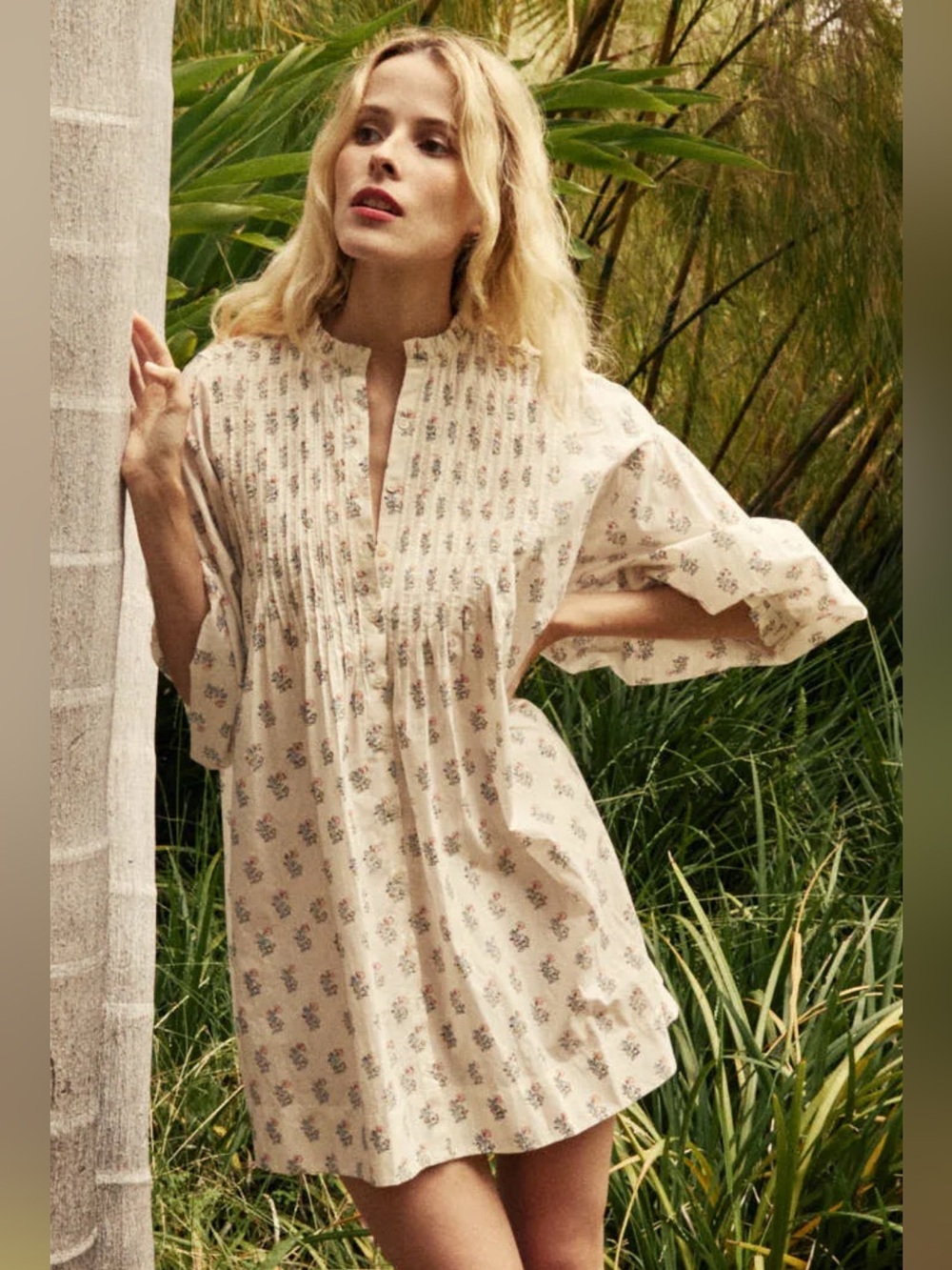 Doen Sylvia Dress Floral Poppy Blockprint Pintuck Placket Tunic T Shirt Dress - Picture 3 of 16